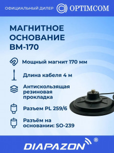 Магнитное основание BM-170 PL Optim для автомобильной антенны, 170 мм в Казани