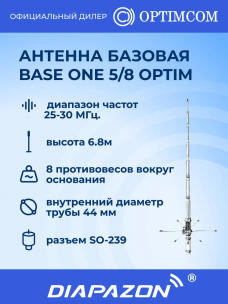 Антенна базовая Optim Base ONE 5/8 для рации, 5/8, 25-30 МГц, 6,8 метра в Казани