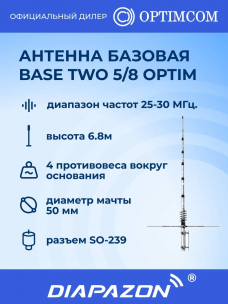 Антенна базовая Optim Base TWO 5/8 для рации, 5/8, 25-30 МГц, 6,8 метра