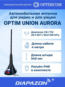 Антенна автомобильная врезная OPTIM UNION AURORA для рации и для радио, 27 / 65,9-108 МГц 